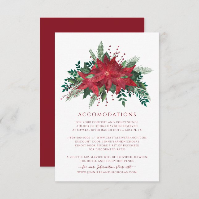 Carte D'accompagnement Floral Poinsettia Mariage de Noël Hébergements (Devant / Derrière)