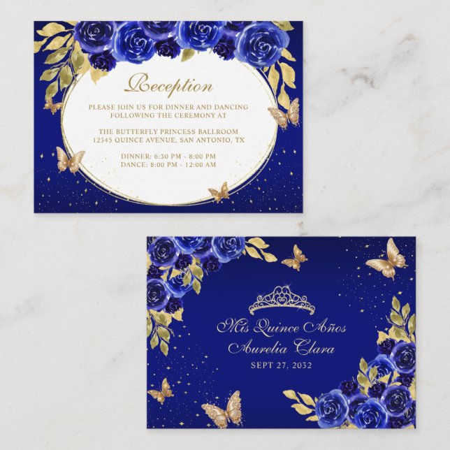Carte D'accompagnement Floral Royal Blue Gold Tiara Butterfly Quinceañera (Devant / Derrière)