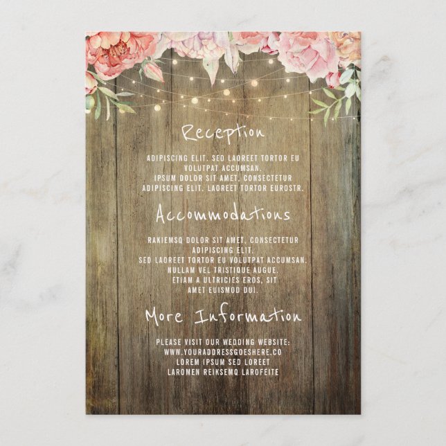 Carte D'accompagnement Floral Rustic Lumières Mariage Information Invité (Devant)