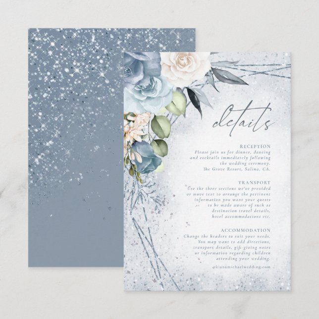 Carte D'accompagnement Floral Sparkles Détails du Mariage Dusty Blue ID88 (Devant / Derrière)