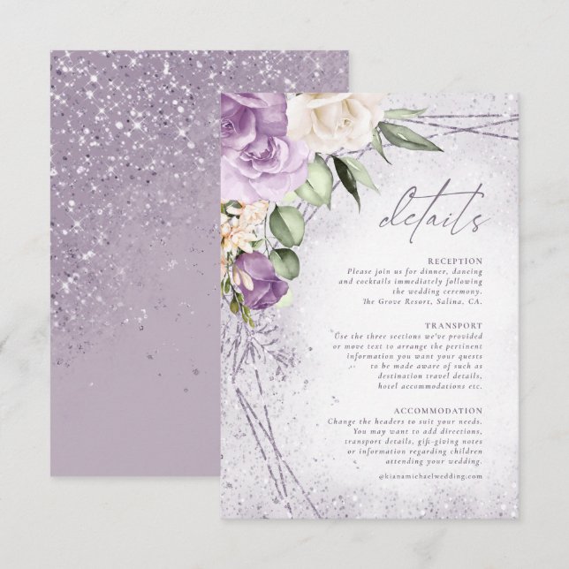 Carte D'accompagnement Floral Sparkles Détails du Mariage Mauve ID889 (Devant / Derrière)