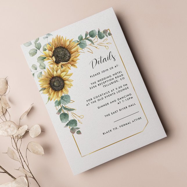 Carte D'accompagnement Floral Tournesol Vert Détails Mariage (Sunflower Eucalyptus Botanical Wedding Details Enclosure Card)