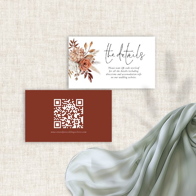 Carte D'accompagnement Florales en terre cuite rustique QR Code Détails d (Front and back view)