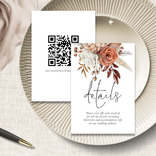 Carte D'accompagnement Florales en terre cuite rustique QR Code Détails d (front and back view)