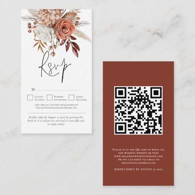 Carte D'accompagnement Florales en terre cuite rustique QR Code Mariage R (Devant / Derrière)