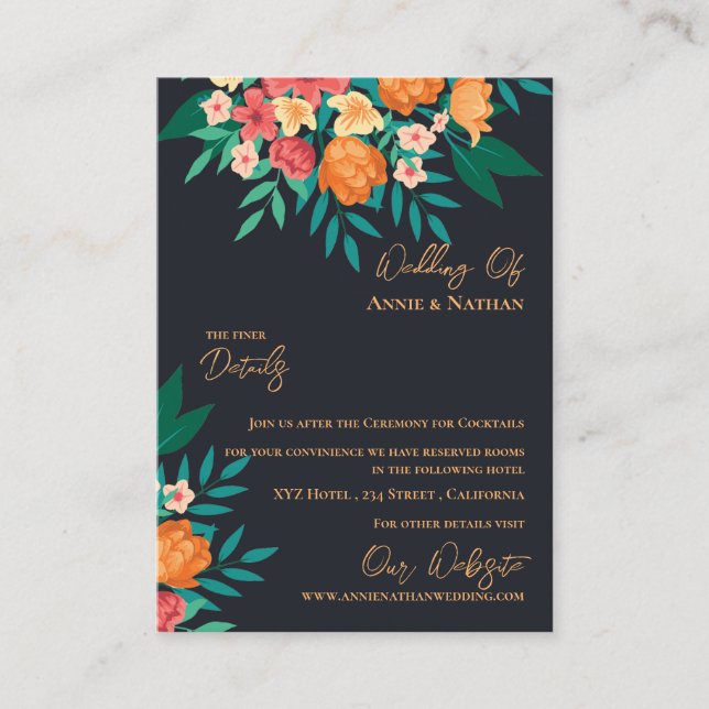 Carte D'accompagnement Florales Orange Jaune Chic Détails Mariage (Devant)