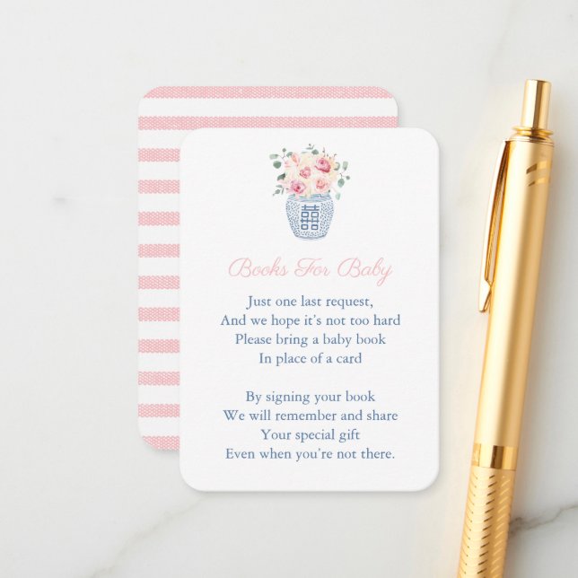 Carte D'accompagnement Florales Roses Chinoiserie Apporter Un Baby shower (Devant/Arrière en situation)