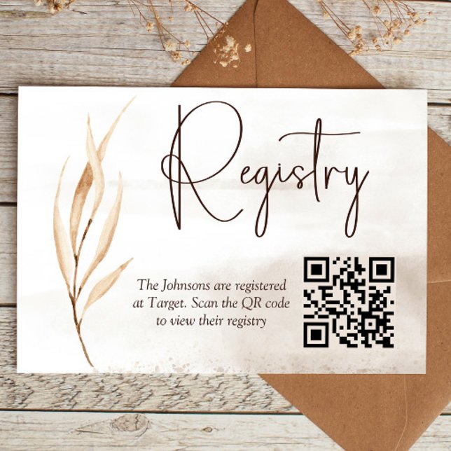 Carte D'accompagnement Florales séchées Boho Registre de douche pour bébé (registry enclosure card with QR code that links to registry. Boho dried floral design)