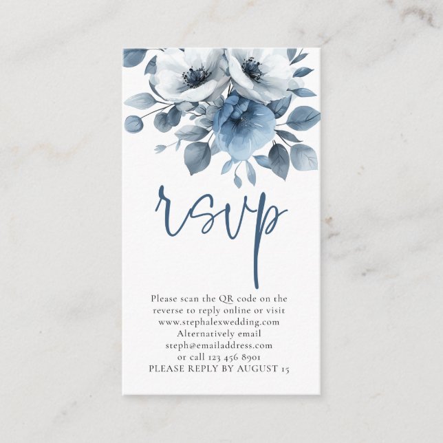 Carte D'accompagnement Flore bleu clair Script QR Code Mariage RSVP (Devant)