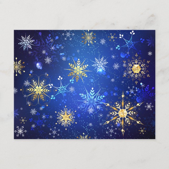 Carte D'accompagnement Fond bleu de Noël avec flocons d'or (Devant)