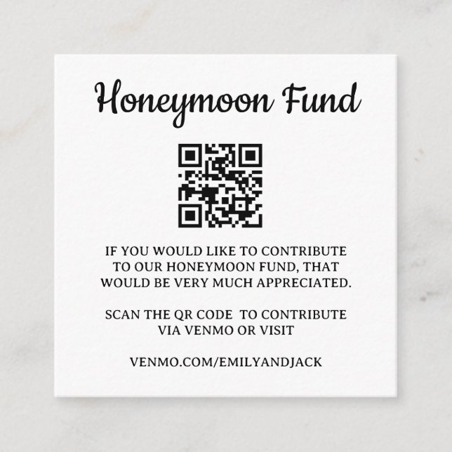 Carte D'accompagnement Fonds de lune de miel Venmo Code QR Mariage (Devant)