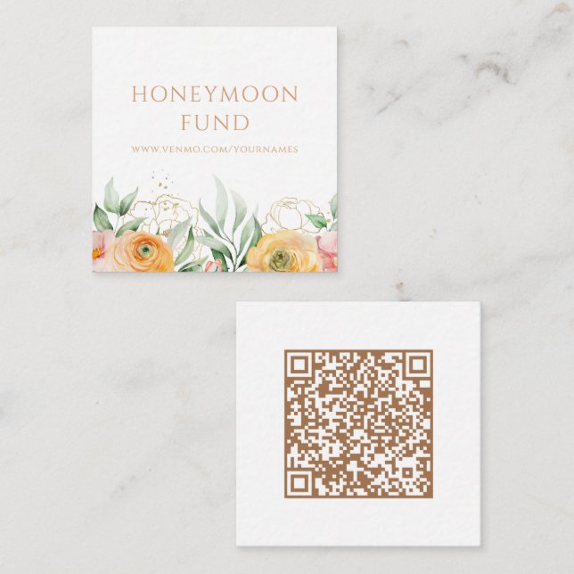 Carte D'accompagnement Fonds Lune de Miel QR Code Elégant Mariage Floral (Devant / Derrière)