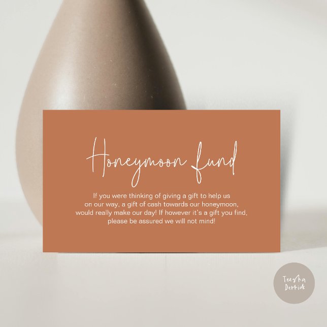Carte D'accompagnement Fonds pour lune de miel mariage, Script manuscrit  (Wedding Honeymoon Fund, Modern Romance Handwritten Script Enclosure Card, in Copper Brown)