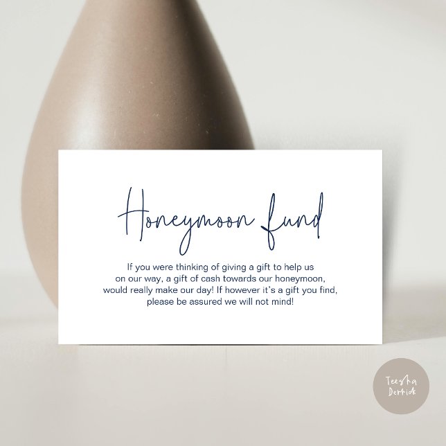 Carte D'accompagnement Fonds pour lune de miel mariage, Script manuscrit  (Wedding Honeymoon Fund, Modern Romance Handwritten Script Enclosure Card, in Navy Blue)