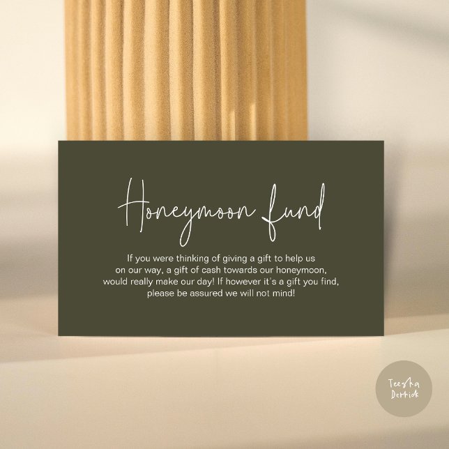 Carte D'accompagnement Fonds pour lune de miel mariage, Script manuscrit  (Wedding Honeymoon Fund, Modern Romance Handwritten Script Enclosure Card, in Olive Green)