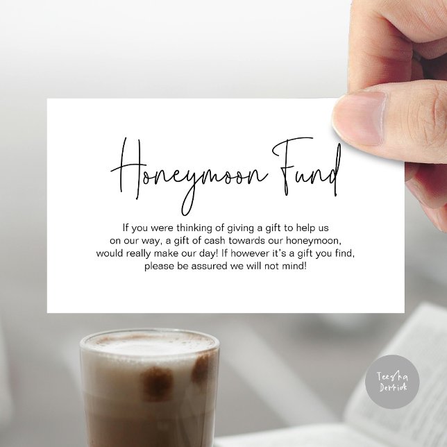 Carte D'accompagnement Fonds pour lune de miel mariage, Script manuscrit  (Honeymoon Wish, Modern romantic design Enclosure Card, Black and White)