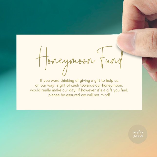 Carte D'accompagnement Fonds pour lune de miel mariage, Script manuscrit  (Wedding Honeymoon Fund, Cash Wish Modern Handwritten Script Enclosure Card Yellow Gold)