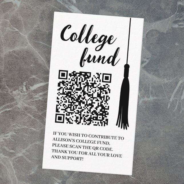 Carte D'accompagnement Fonds Universitaire Tassel Noir Blanc Code Qr Remi (College Fund Black White Tassel Qr Code Graduation Enclosure Card)