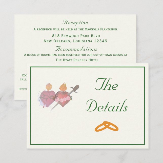 Carte D'accompagnement Forest Green & Cream Two Hearts Catholic Wedding  (Devant / Derrière)