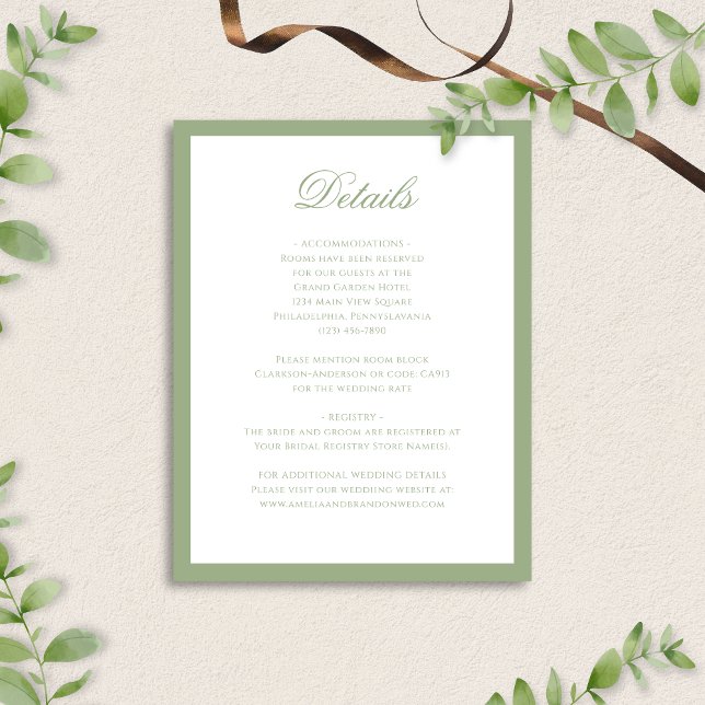 Carte D'accompagnement Formal Classic Sage Green Script Wedding Details (Créateur téléchargé)