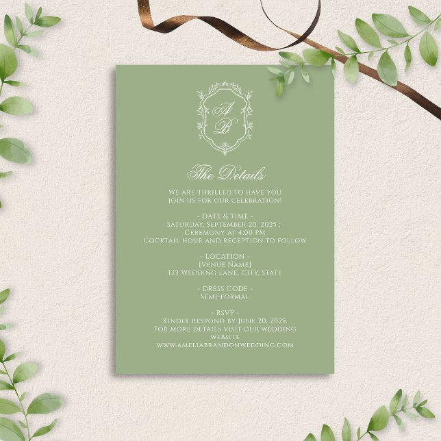 Carte D'accompagnement Formal Sage Green Floral Monogram Crest Wedding (Créateur téléchargé)