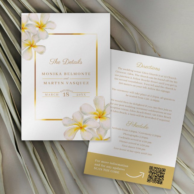 Carte D'accompagnement Frangipani jaune blanc détails mariage QR (Créateur téléchargé)