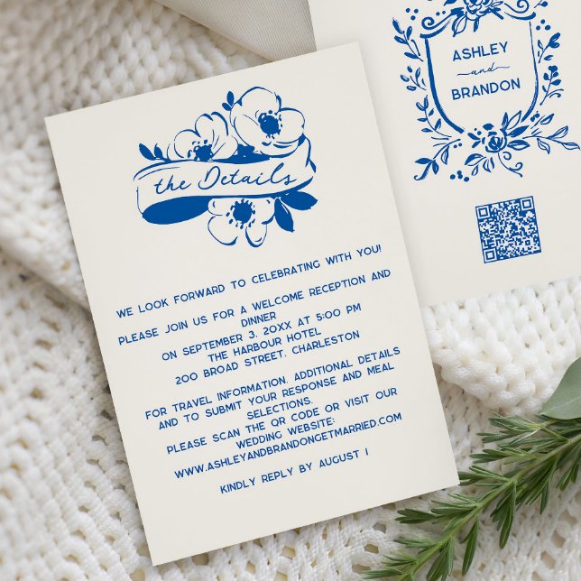 Carte D'accompagnement French Blue Whimsical Ribbon Crest Wedding  (Créateur téléchargé)