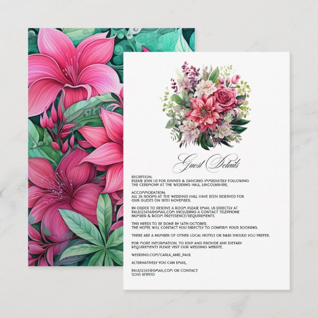 Carte D'accompagnement Fuchsia et Emerald Green Mariage Détails au sujet  (Devant / Derrière)