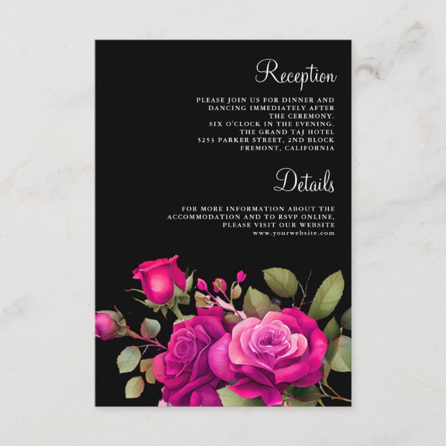 Carte D'accompagnement Fuchsia Hot Pink Roses Black Wedding Details (Devant)