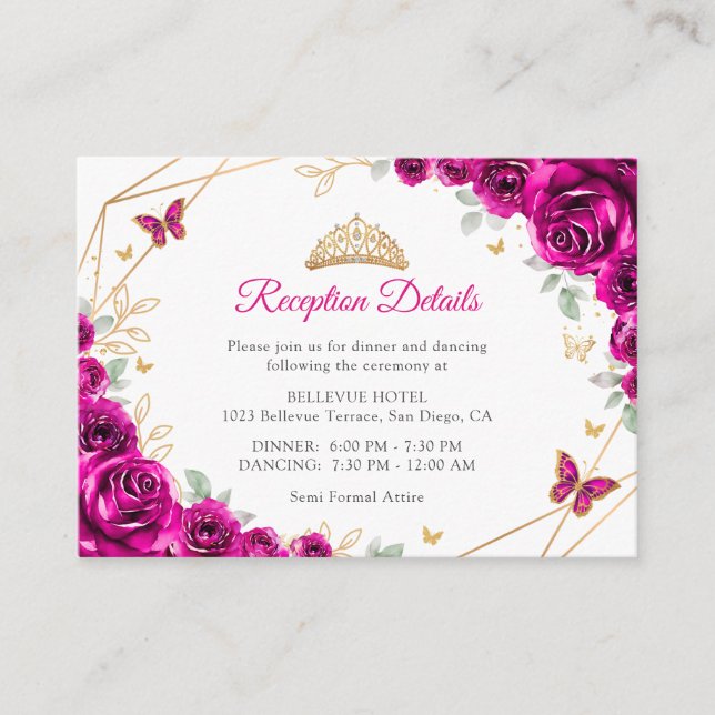 Carte D'accompagnement Fuchsia Pink Gold Floral Quinceanera  Details (Devant)