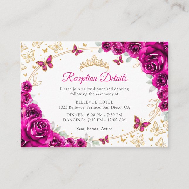 Carte D'accompagnement Fuchsia Pink Gold Quinceanera Reception Details (Devant)