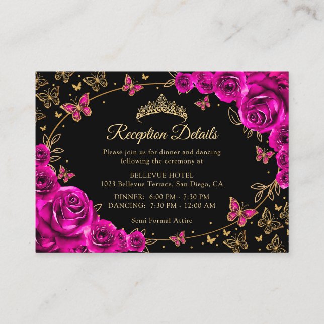 Carte D'accompagnement Fuchsia Pink Gold Quinceanera Reception Details (Devant)