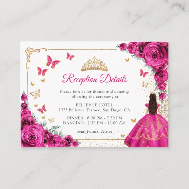 Carte D'accompagnement Fuchsia Pink Gold Quinceanera Reception Details (Devant)