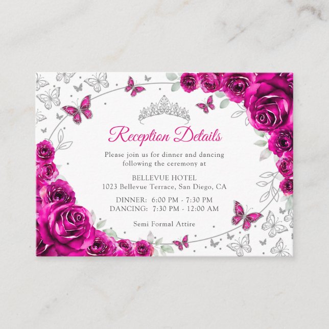 Carte D'accompagnement Fuchsia Pink Silver Quinceanera Reception Details (Devant)