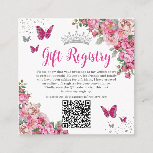 Carte D'accompagnement Fuchsia Rose Fleur papillon Quinceanera QR Cadeau  (Devant)