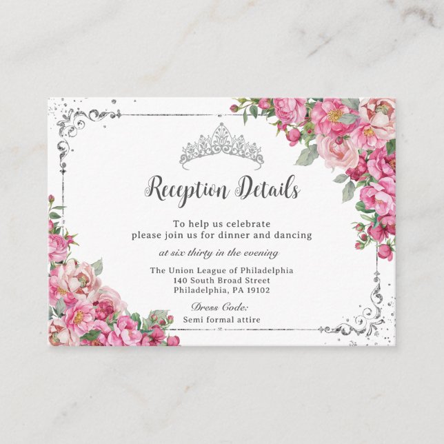 Carte D'accompagnement Fuchsia rose Floral Sweet 16 Quinceañera Réception (Devant)