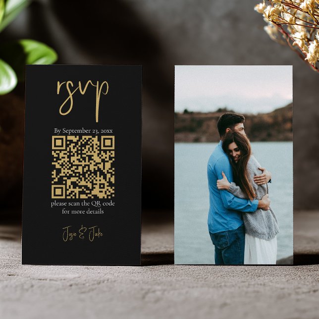 Carte D'accompagnement Full photo or QR code noir mariage noir RSVP (Gold and black qr code rsvp insert card with full cover photo)