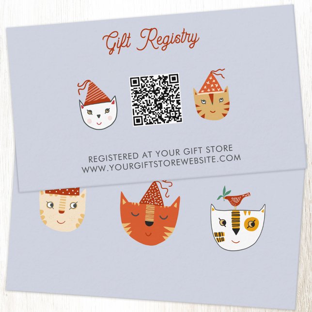 Carte D'accompagnement Fun Kitty Chat Baby shower Cadeau Registre des cad (Fun party cat baby shower gift registry website and QR code enclosure card)