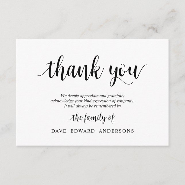 Carte D'accompagnement Funeral Thank You Note Card Bereavement, Noir (Devant)