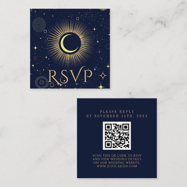 Carte D'accompagnement Galaxie mystique Marine Bleu QR Code Mariage RSVP (Devant / Derrière)