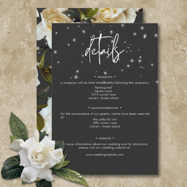 Carte D'accompagnement Gardenias blanches modernes sur Black Sparkt Détai (Modern White Gardenias on Black Sparkle Details Enclosure Card)