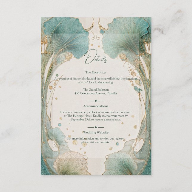 Carte D'accompagnement Gilded Age Art Nouveau Teal and Gold Wedding (Devant)