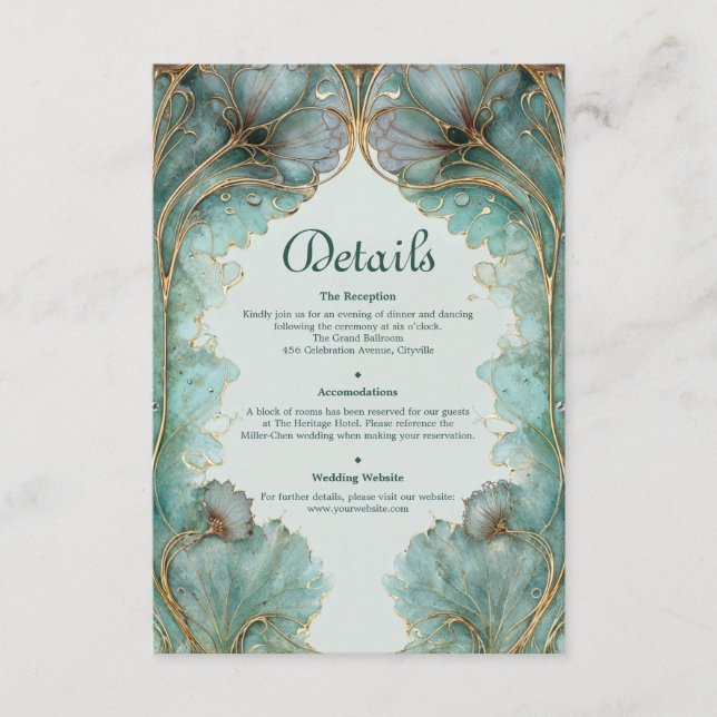 Carte D'accompagnement Gilded Lilypad Art Nouveau Teal and Gold Wedding (Devant)