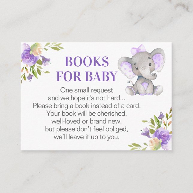 Carte D'accompagnement Girl Lavender Elephant Books for Baby Book Request (Devant)