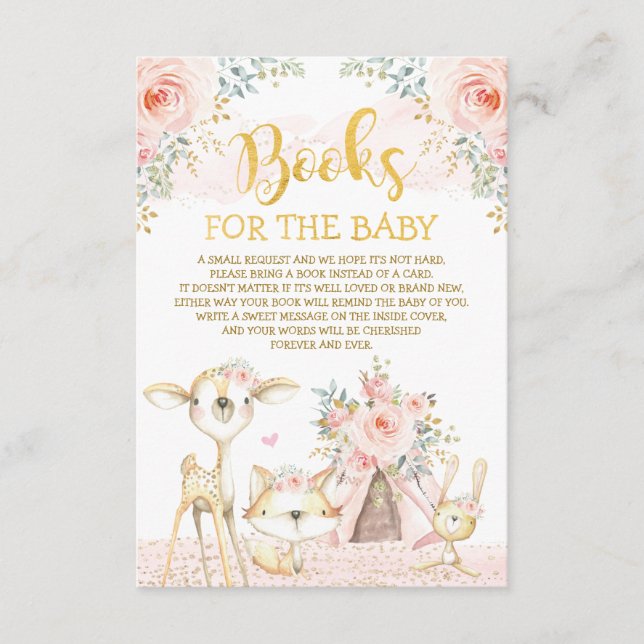 Carte D'accompagnement Girly Blush Floral Woodland Animals Livres pour bé (Devant)