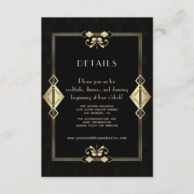 Carte D'accompagnement Glam Gold Black Art Déco 20s Réception de mariage (Devant)