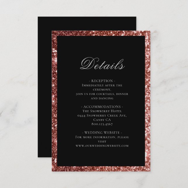 Carte D'accompagnement Glam Rose Gold Black Parties scintillant Mariage D (Devant / Derrière)