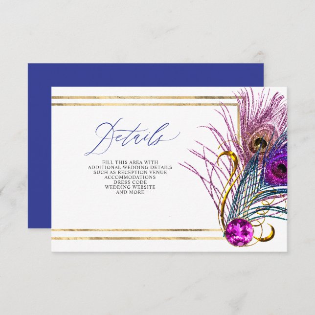Carte D'accompagnement Glitter Gold Blue Purple Peacock Plume Wedding (Devant / Derrière)