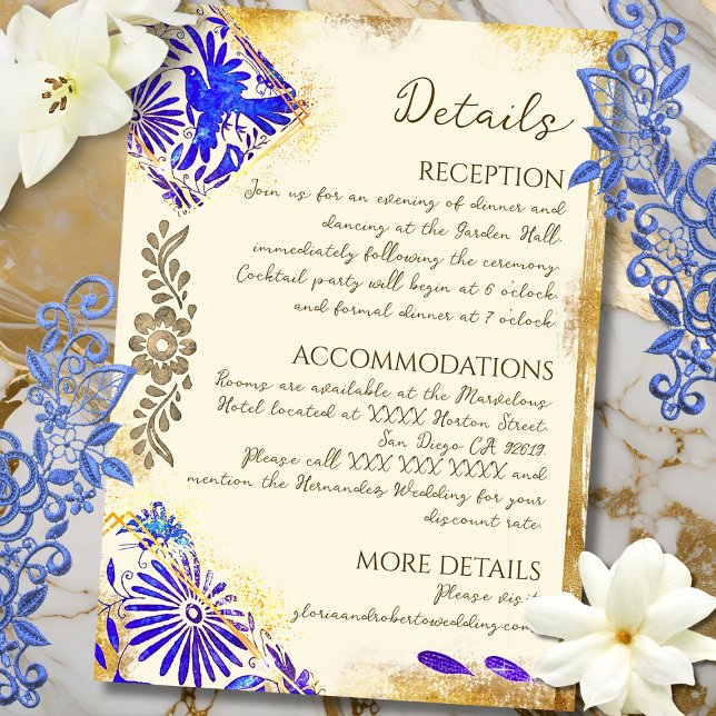 Carte D'accompagnement Gold Blue Mexican Baroque Hummingbird Wedding Encl (Elegant Baroque details with cobalt and gold accents bring this Mexican-inspired card to life.)