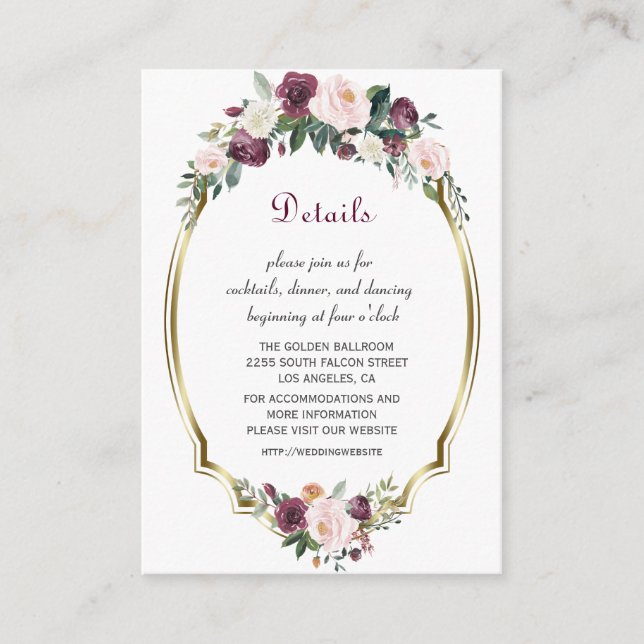 Carte D'accompagnement Gold Burgundy Blush Floral Détails du Mariage (Devant)